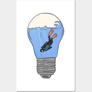 Scuba Diver in a lightbulb creative handdrawn Gift Posters and Art